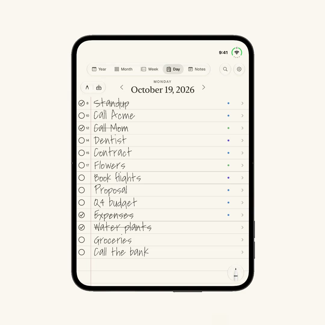 GoodPlanner: a day page of handwritten to-dos on ruled lines, with times in the margin and some checked off